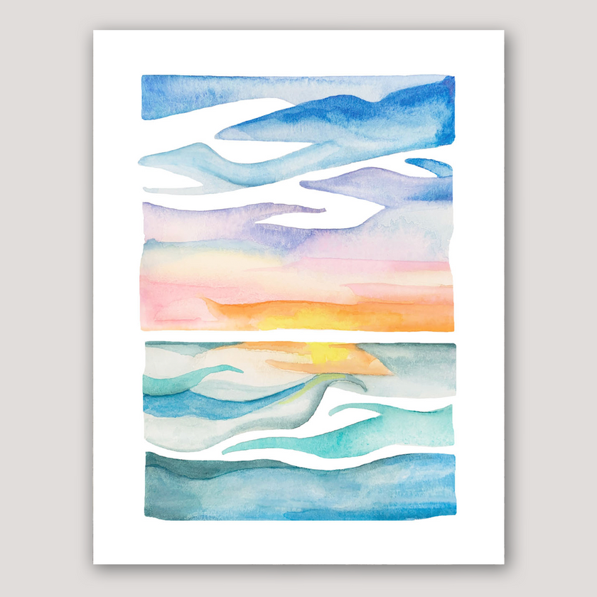 Colorful and bright watercolor painting of a lake at sunset in shades of blue, pink and yellow.