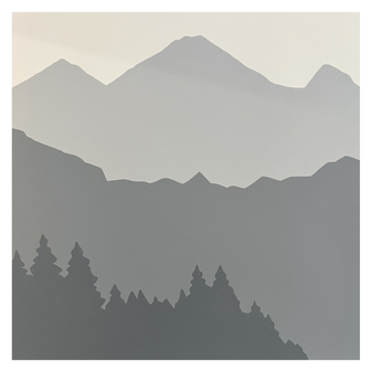 Close-up of wall mural painted by Emily Frushour, showing gray mountains and trees.