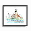 Watercolor painting of White River Lighthouse in Michigan, with an American flag, blue pier, and Lake Michigan, placed in a black frame.