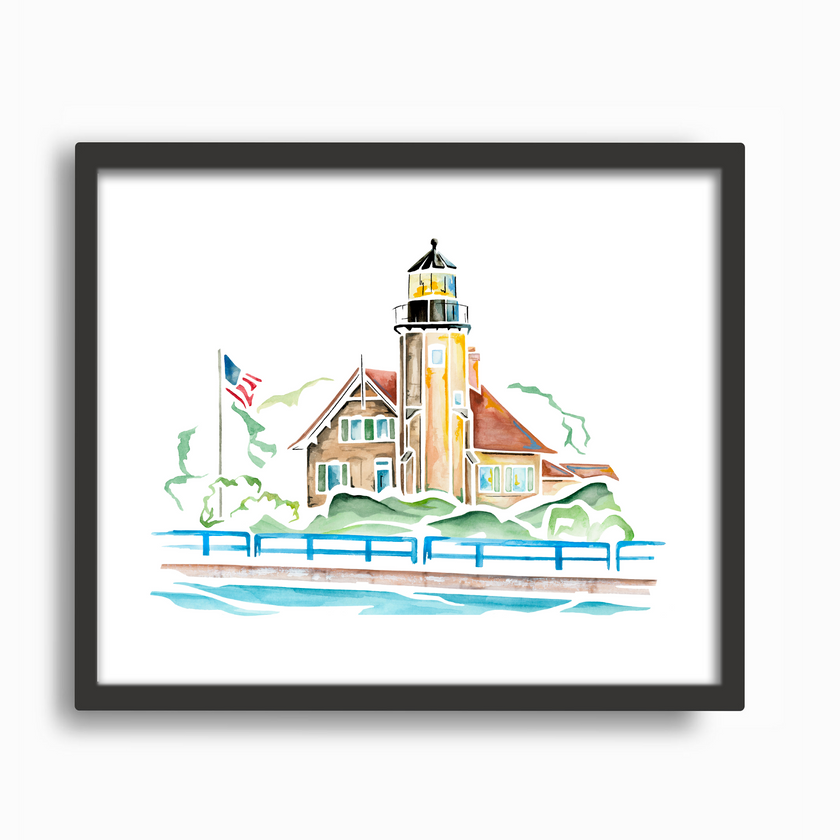 Watercolor painting of White River Lighthouse in Michigan, with an American flag, blue pier, and Lake Michigan, placed in a black frame.