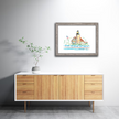 Framed watercolor painting of White River Lighthouse in Michigan, with an American flag, blue pier, and Lake Michigan.
