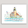 Watercolor painting of White River Lighthouse in Michigan, with an American flag, blue pier, and Lake Michigan.