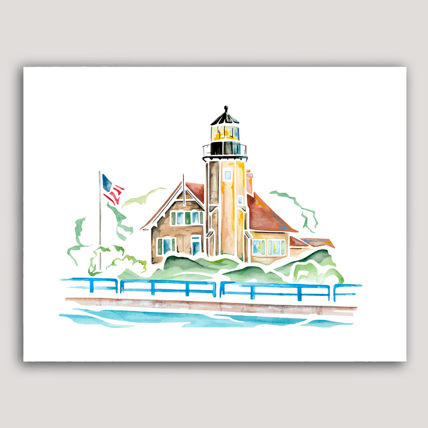 Watercolor painting of White River Lighthouse in Michigan, with an American flag, blue pier, and Lake Michigan.