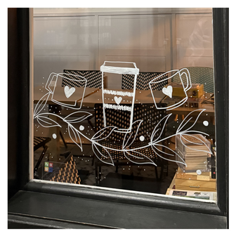 Delicate window art illustration for a cafe, featuring two cups and a travel mug of coffee, created by artist Emily Frushour.