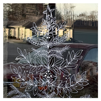 Delicate winter window art illustration showing a leafy, decorative Christmas tree, created by artist Emily Frushour.